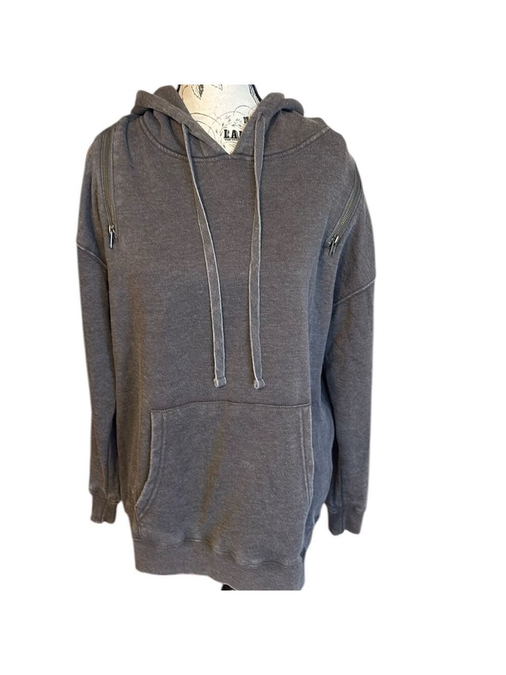 Mono b Hoodie Zipper Accents Kangaroo Pocket Gray Size M